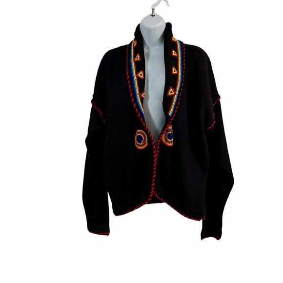 Victoria Jones Black Beaded Knit Cardigan Sweater Size Large Western Vintage